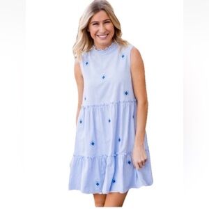 J Marie The Quinn Striped Embroidered Tiered Ruffle Mock Neck Dress Cotton SZ L